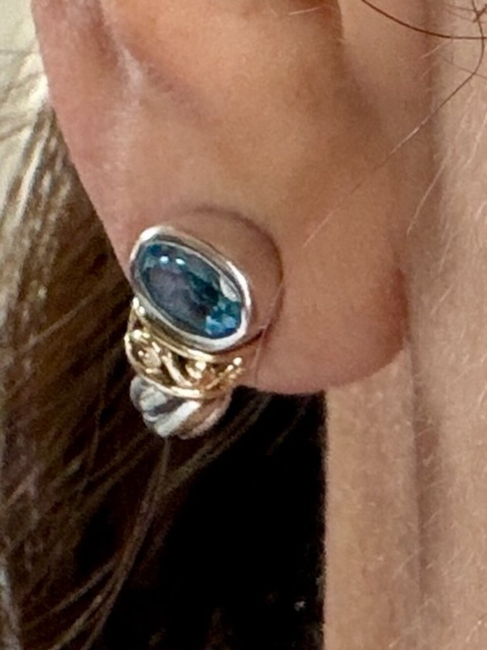 Vintage 925 Sterling Silver & 14K Gold Blue Topaz Drop Earrings - Picture 9 of 12